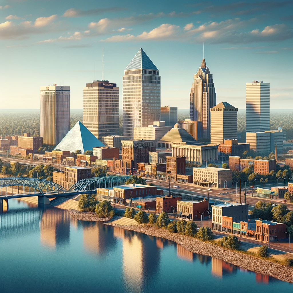 Photorealistic view of Memphis, showcasing landmarks and emphasizing the city’s need for professional roofing services